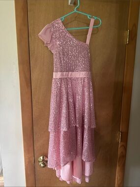 Pink Sequin One-Shoulder Tiered Dress